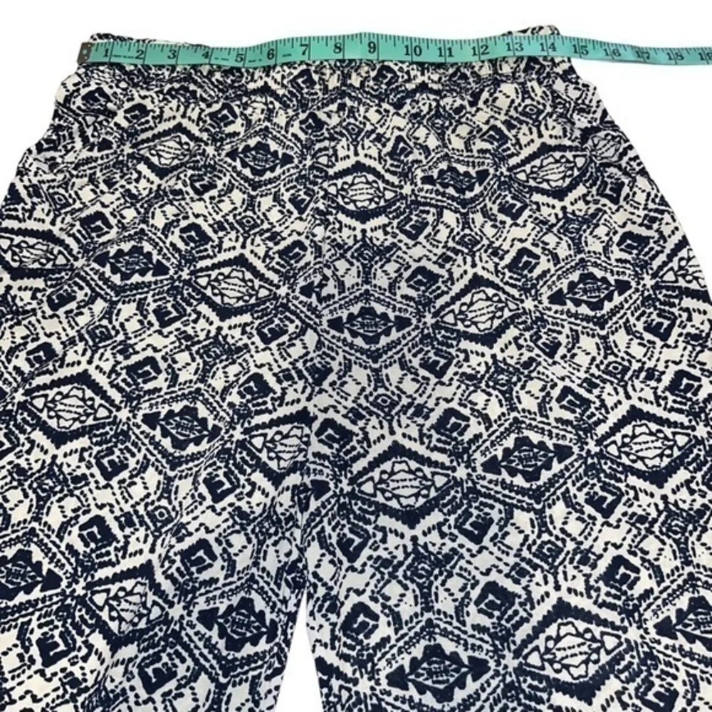 Navy Blue Geometric Diamond Print Wide Leg Pants Elastic Waist Pockets Boho #251